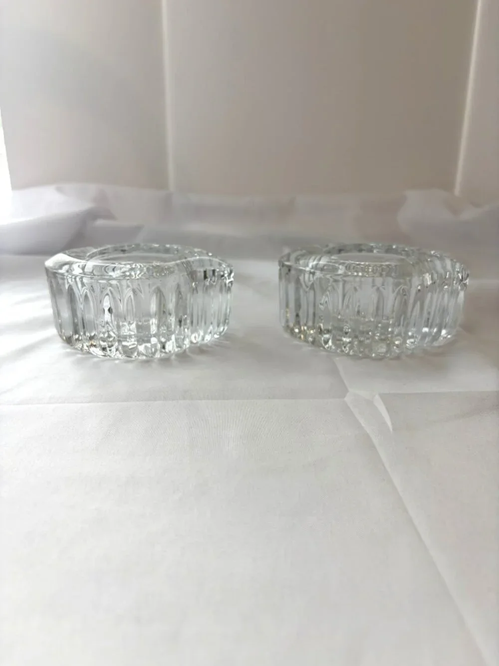 Set of 2 Clear Crystal Candle Holders Heavy Modern Sculptural Glass Decor MCM